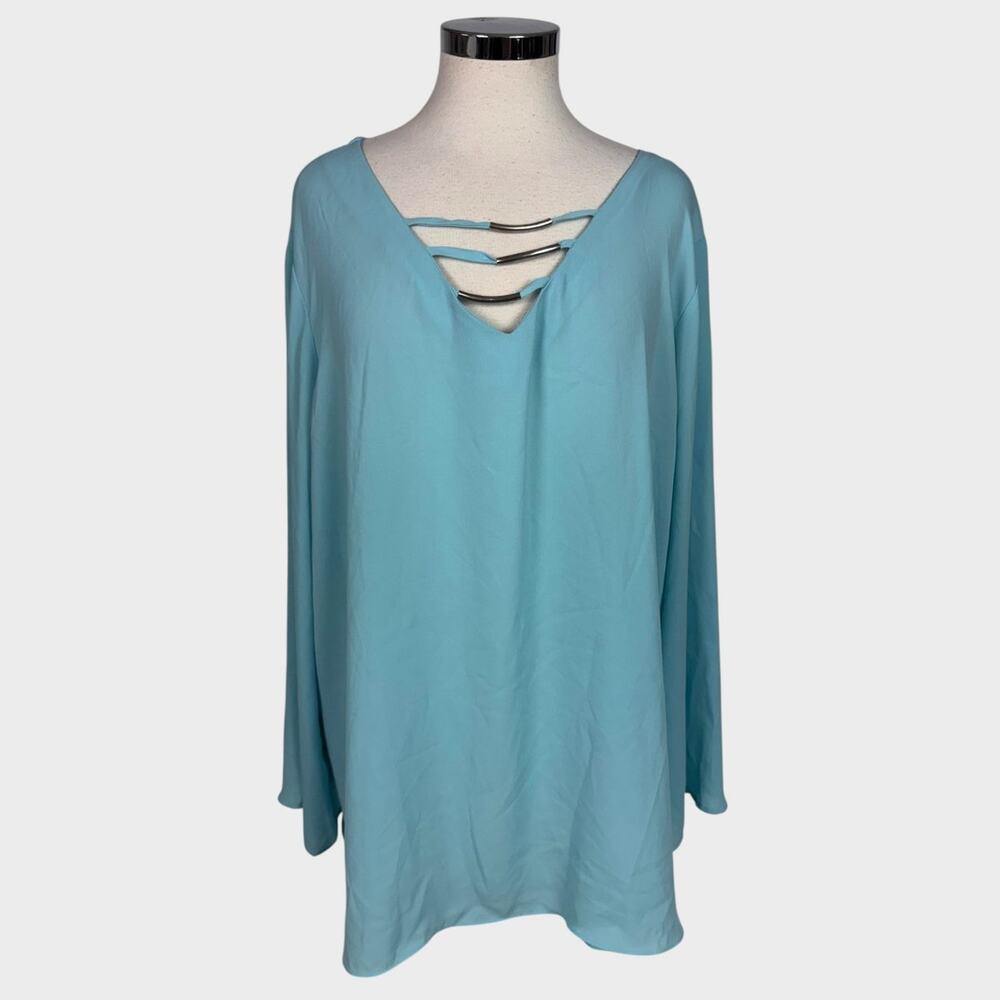 Avenue Womens Plus Size 26/28 Turquoise Long Sleeve Blouse Metal Neck Detail